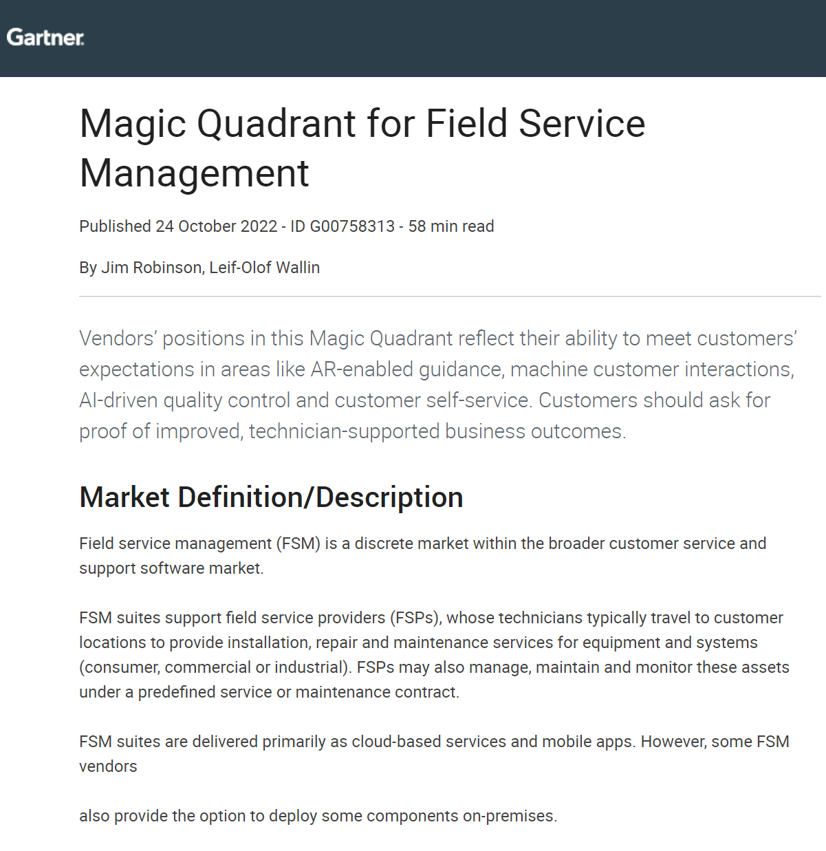 2022 Gartner Magic Quadrant Report